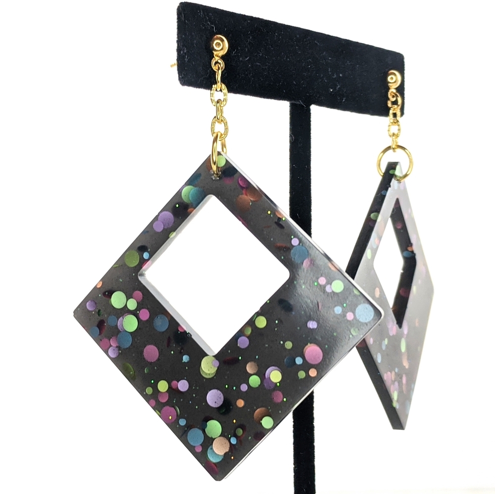 Cute Bright Confetti Retro Square Dangle Earrings